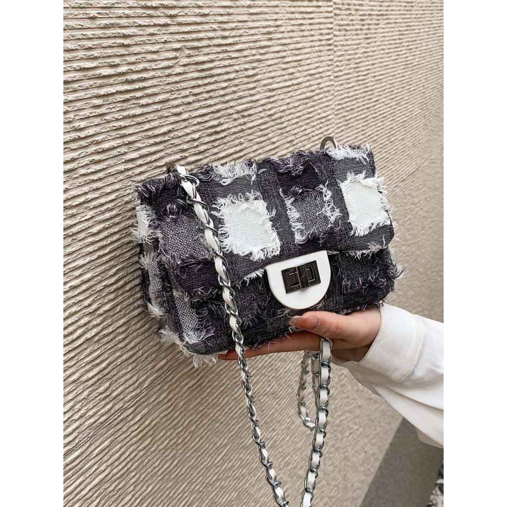 Nhẹ, dành cho doanh nhân Mini Colorblock Flap Square Bag Raw Hem Chi tiết cho bé gái tuổi Teen