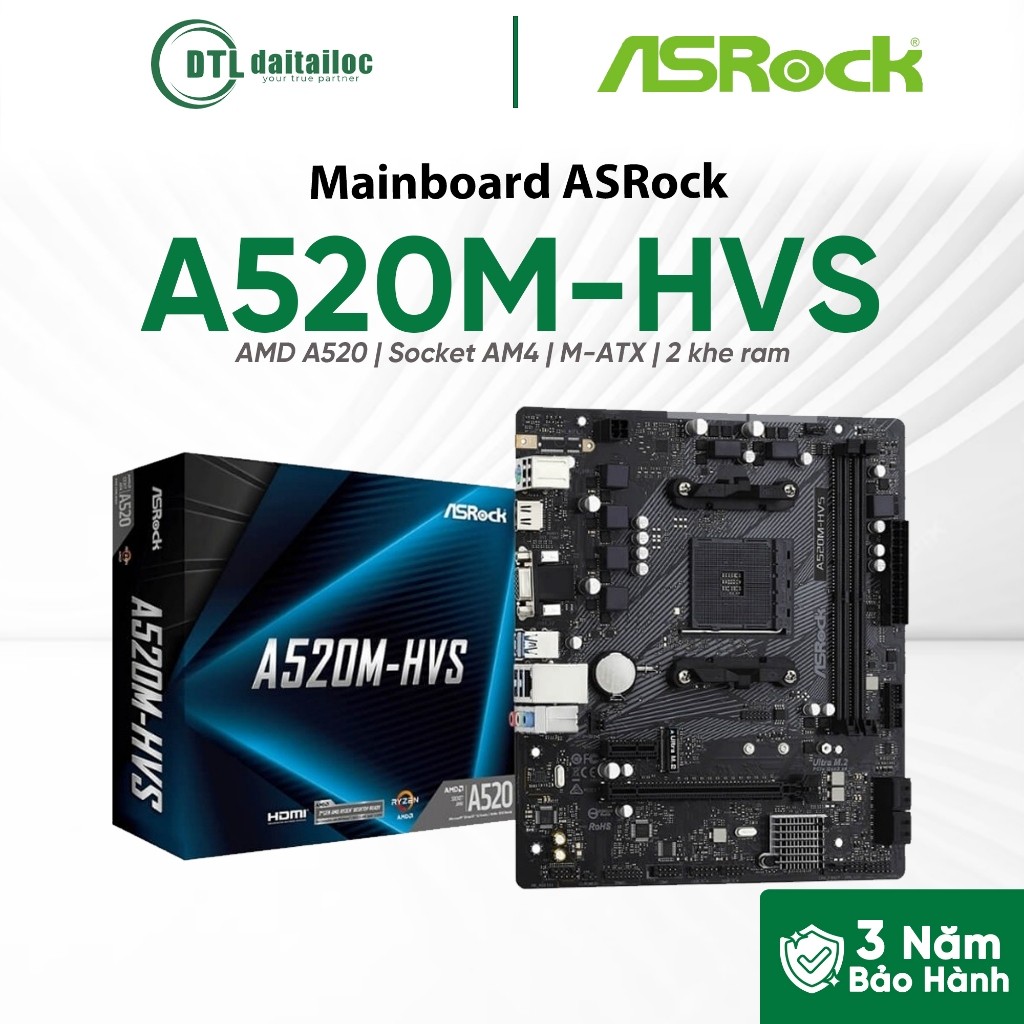 Mainboard Asrock A520M-HVS DDR4 M-ATX | Chính Hãng | Bảo Hành 36 Tháng