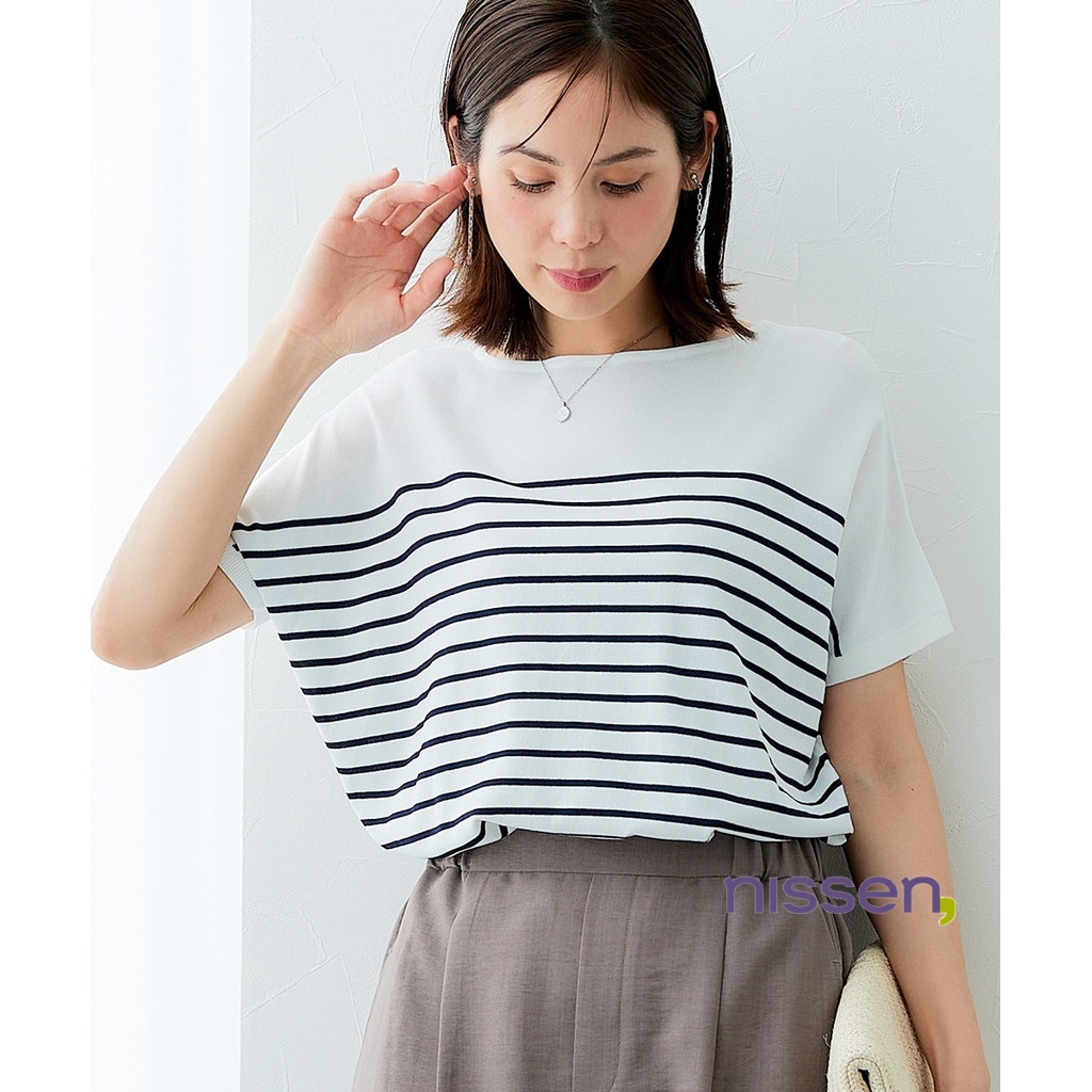 [Cool to the touch] Panel border boat neck knit (UV protection/pilling prevention)