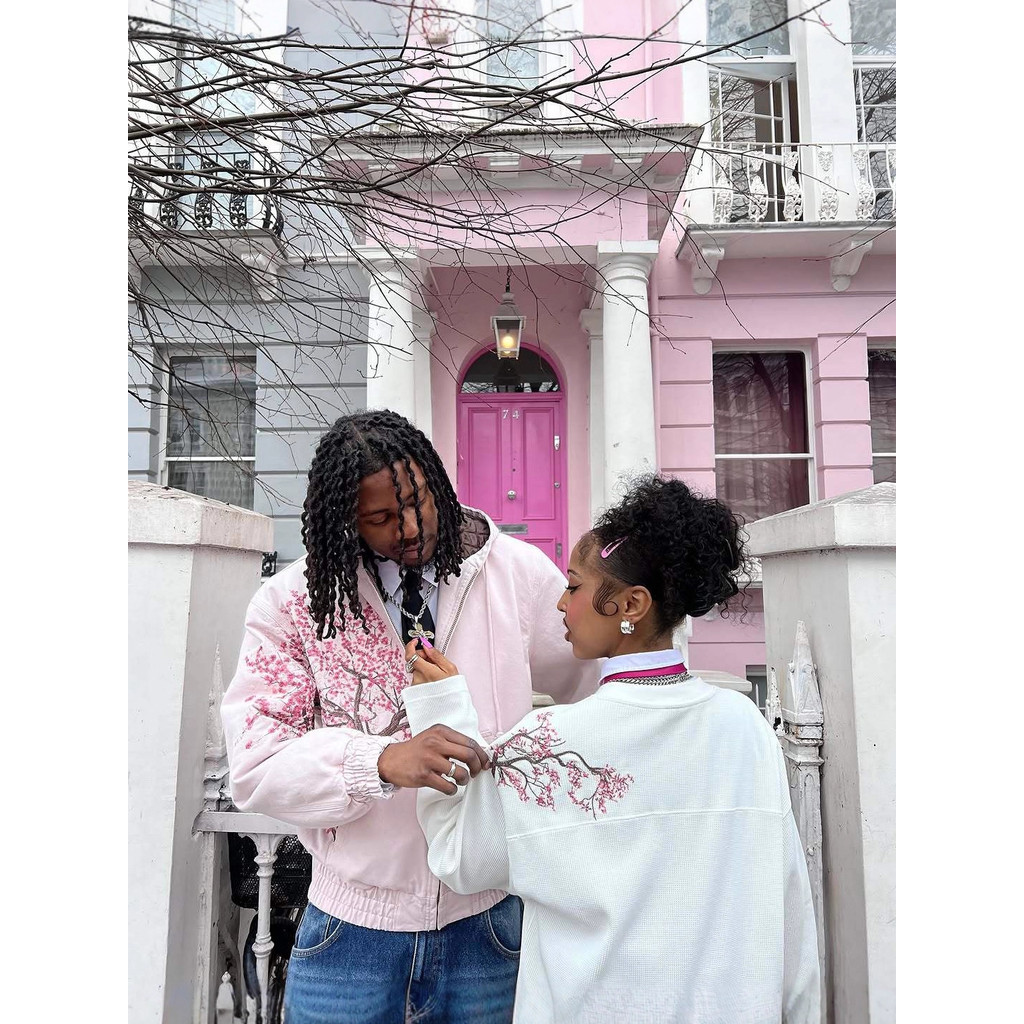 W44D Derschutze Embroidered Cherry Blossom Waffle Long Sleeve T T-shirt, base shirt, round-neck top