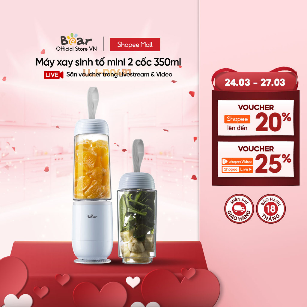 Máy Xay Sinh Tố Mini Cầm Tay Bear LLJ-D04B1, 2 Cốc x 350ML - Chính Hãng - BH 18 Tháng