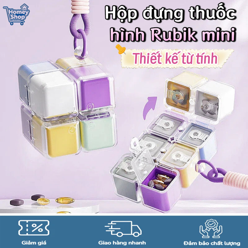 HomeyShop-Hộp đựng thuốc hình Rubik mini,nam châm 8 ngăn chống ẩm,có móc treo charm cá tính,tiện man