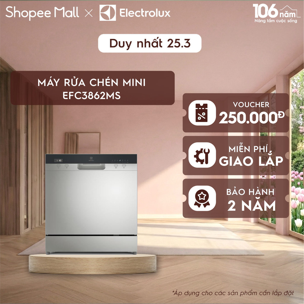 Free giao lắp - Máy rửa bát Mini 8 bộ Electrolux EFC3862MS - tự động mở cửa, sấy khô diệt khuẩn, tự vệ sinh