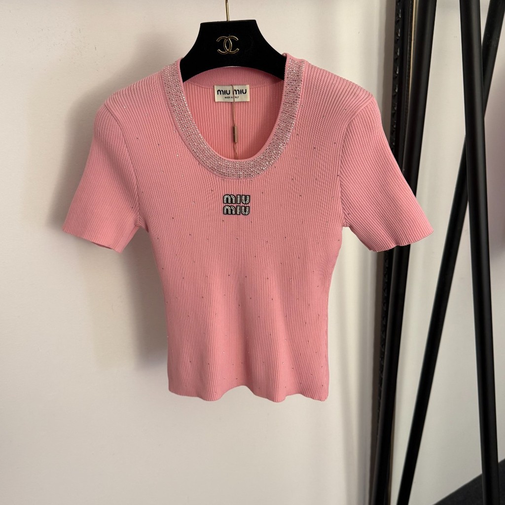 F1SS MIU*M*  New Fashion Star Embellished Embroidered Slim-Fit Short-Sleeve Knit Shirt Top