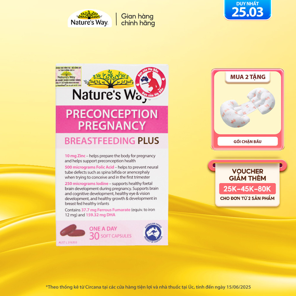 Viên Uống Bổ Sung Vitamin Tổng Hợp Cho Bà Bầu Nature's Way PreConception Pregnancy Breastfeeding Plus – Hộp 30 Viên