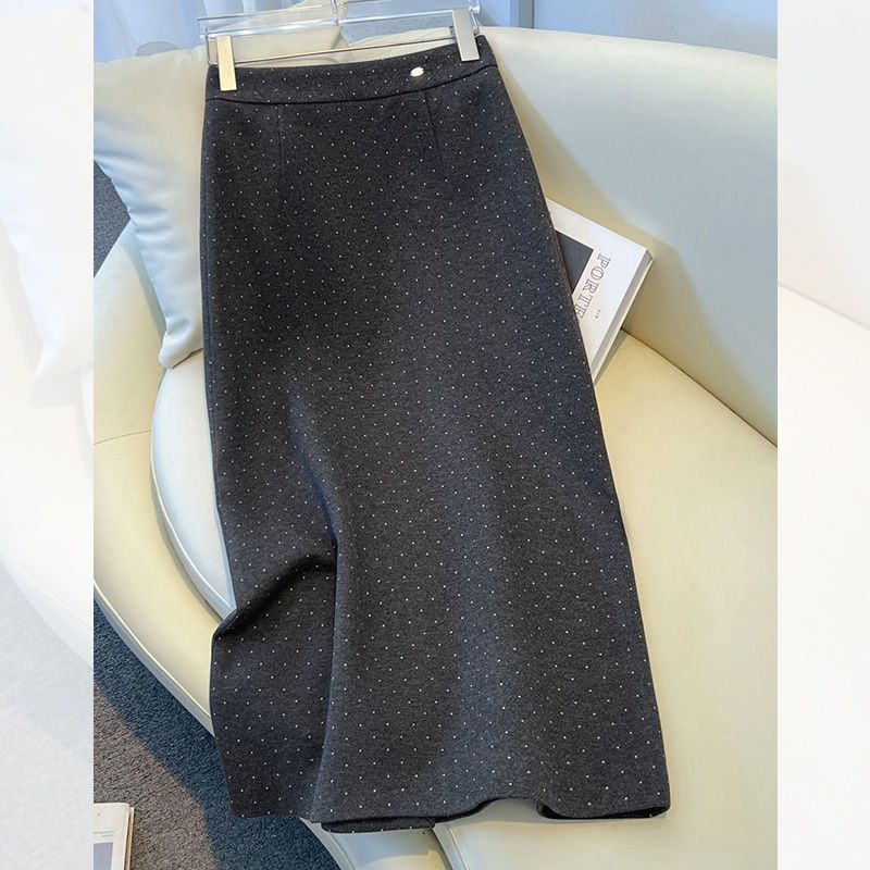 6HMJ Autumn and winter women's mid-length gray polka dot pencil skirt, new style long skirt for wome