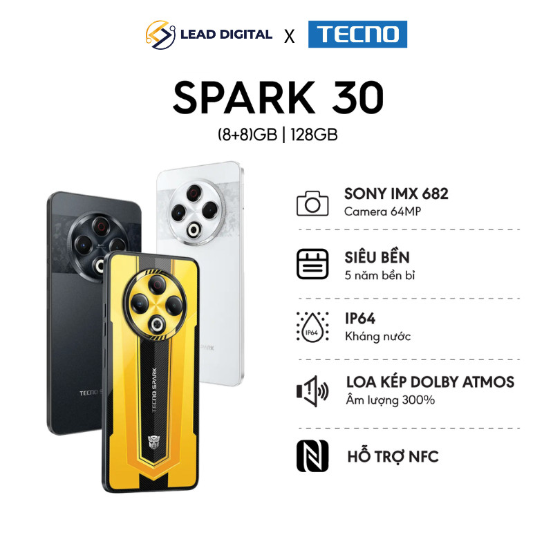 Điện thoại TECNO SPARK 30 (8+8)GB/128GB Siêu bền Loa kép 300% Camera 64MP NFC Thiết Kế Transformers