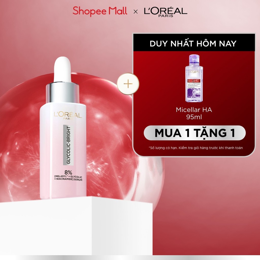 Serum Glycolic Melasyl 8% [Melasyl+Glycolic+Niacinamide] dưỡng sáng da, mờ thâm mụn & nám Loreal Paris 30ml