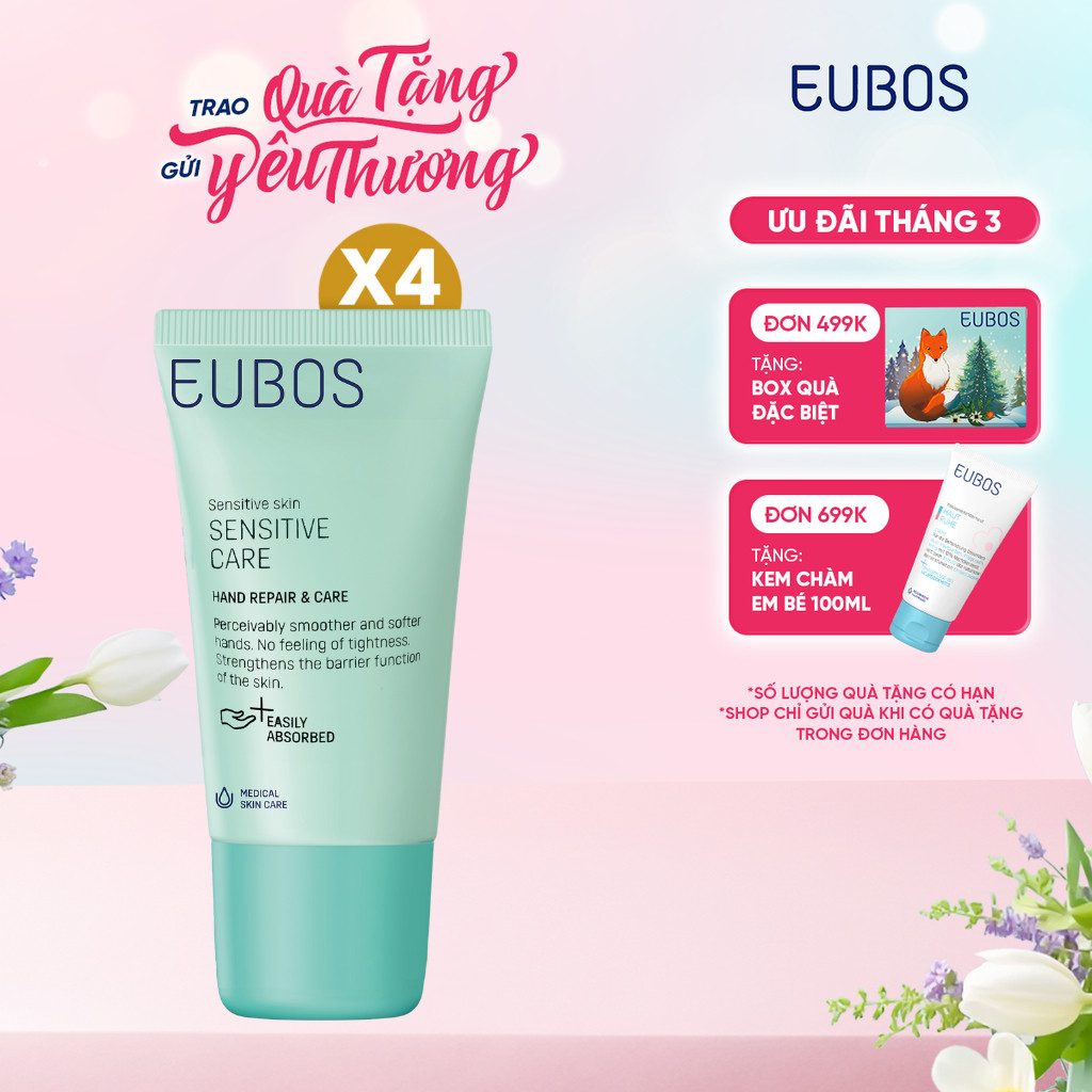 COMBO 4 Kem Dưỡng Da Tay và Móng EUBOS Giúp Mềm Mịn, Dưỡng Ẩm An Toàn Cho Da Nhạy Cảm Tuýp 25ml x4