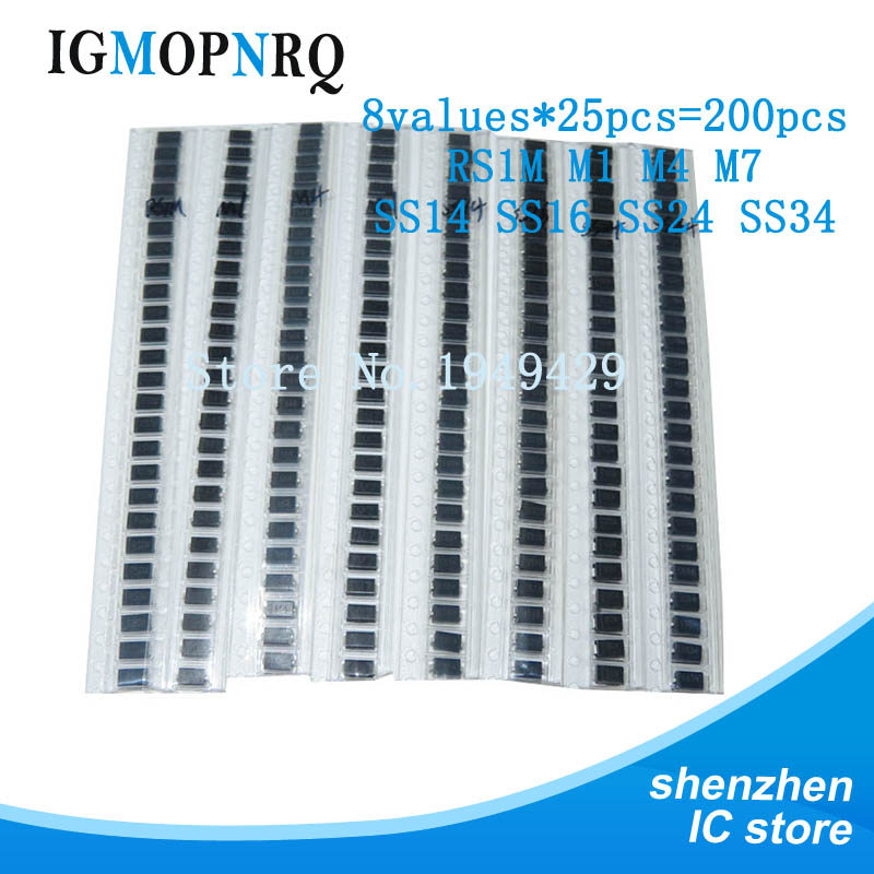 200 CÁI 8values M1 M4 M7 SS14 SS16 SS24 SS34 RS1M linh kiện điện tử các loại diode gói 1N4001 1N4007