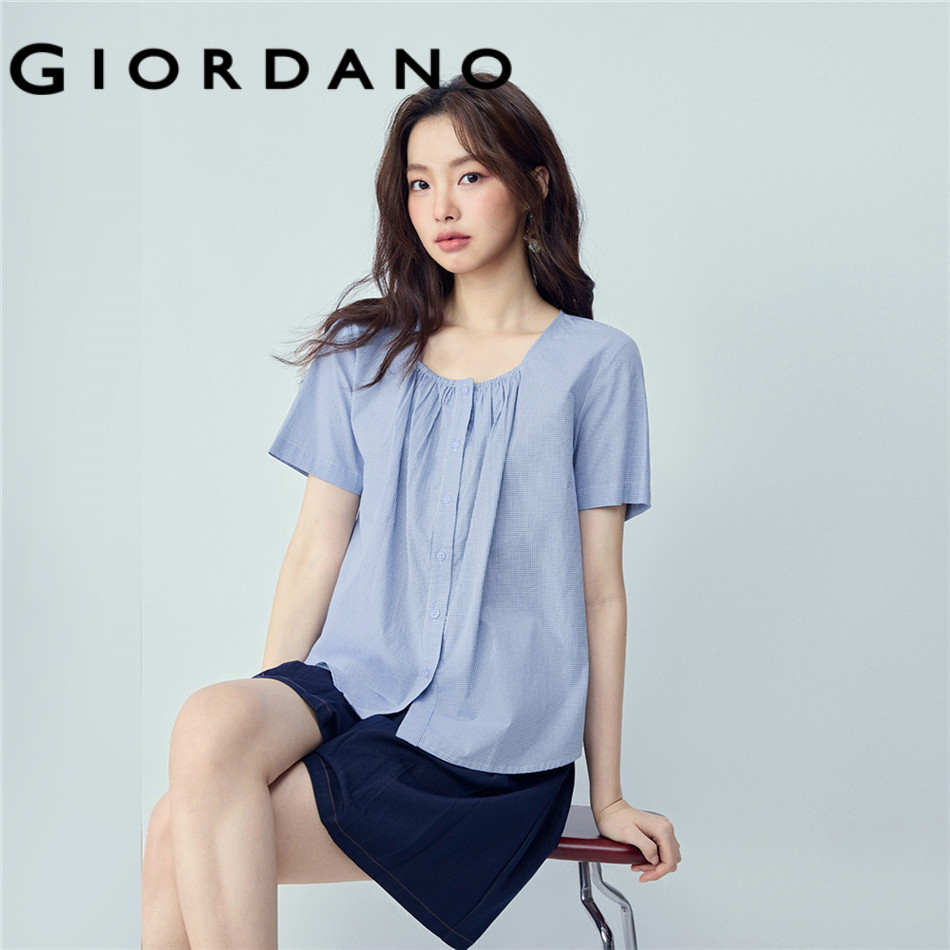 GIORDANO WOMEN Pure Luxurious Cotton Fine Checkered Gathered Square Neck Woven Short-Sleeve Stylish 
