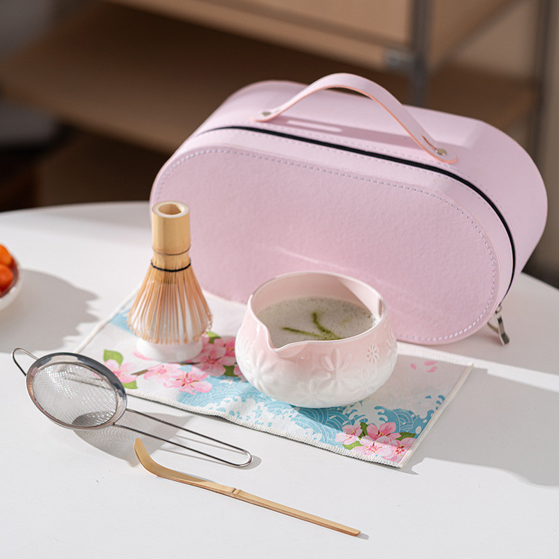 chawan bộ pha matcha Túi Da Di Động Màu Hồng Matcha Set Sakura Matcha Bát Quà Tặng