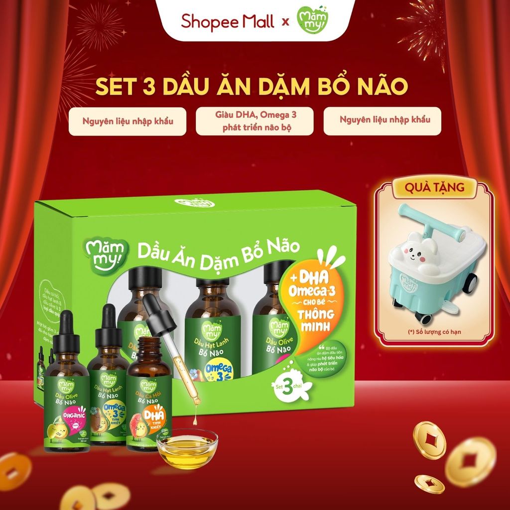 Combo dầu ăn dặm cho bé Mămmy cá hồi hạt lanh olive bổ sung DHA vitamin bé từ 6 tháng tuổi chai 30ml