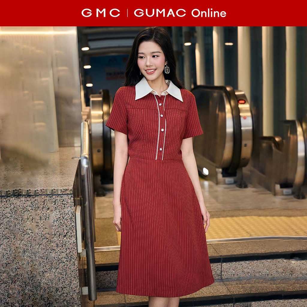 [MUA 2 GIẢM 25K] Đầm nữ form A xòe nhẹ cổ sơ mi phối màu trẻ trung thời trang GUMAC DF12025