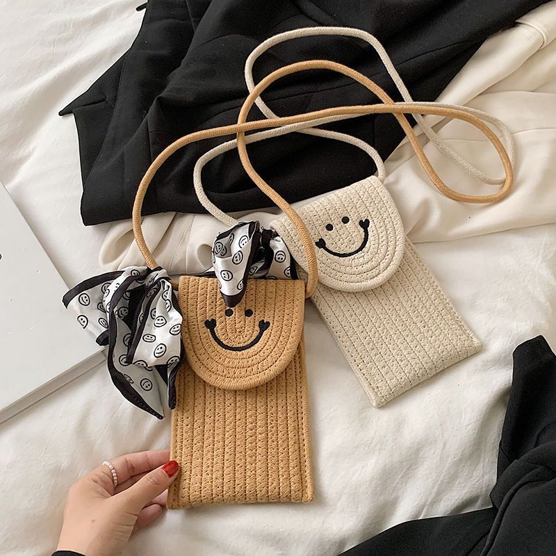 2026 Phong Cách Mới Nhất Thời Trang Mặt Cười Túi Điện Thoại Di Động Ngọt Ngào Túi Cotton Dây Dệt Túi Đeo Vai Siêu Nhỏ Tay Dệt20260201