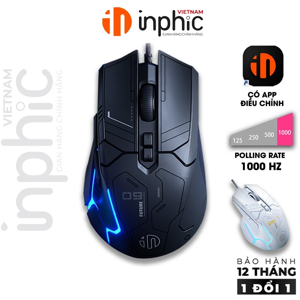 Chuôt có dây gaming INPHIC PG9 1000hz dùng cho laptop có app 6 nút bấm led RGB công thái học