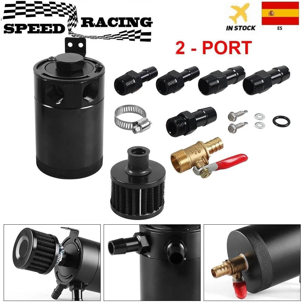 Universal Racing Baffled Nhôm Oil Catch Can Tank 2 cổng có van thoát nước Bộ lọc xi lanh thở màu đen