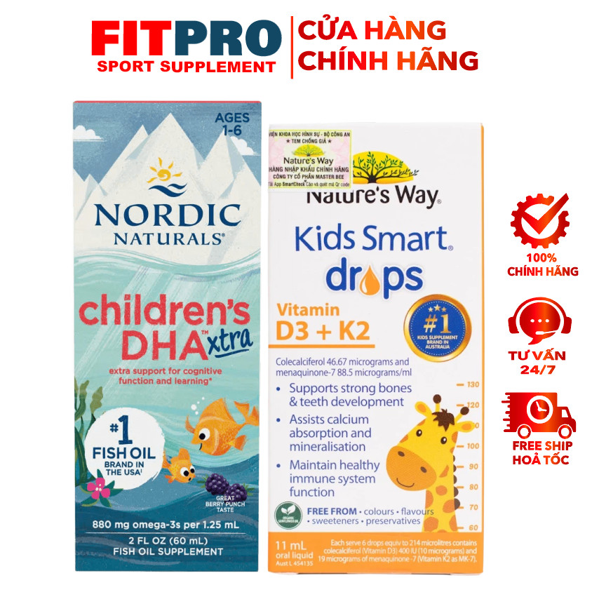 Combo Cao Lớn & Thông Minh Cho Bé từ 1 Tuổi Nordic DHA Xtra + Nature's Way D3K2 Chính Hãng