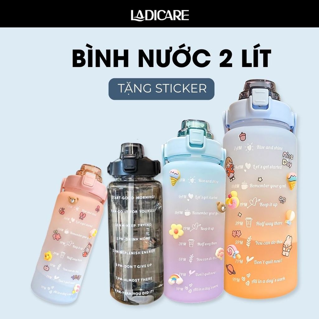 Bình nước 2 lít [ tặng Sticker] dành cho người lười uống nước, bình nước cute 2L có ống hút, vạch chia nhắc giờ