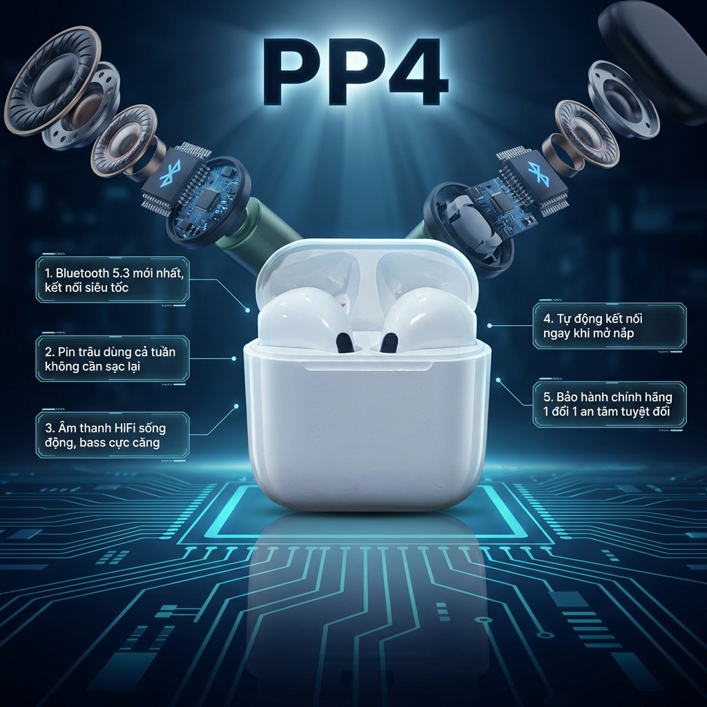 Tai nghe Bluetooth không dây pro 4 TWS 5.3", chống ồn, phù hợp cho thể thao và chơi game.