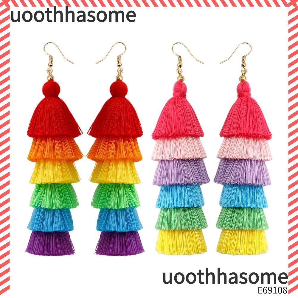 Bông tai cầu vồng và tua rua nhiều lớp, style dangle dài boho