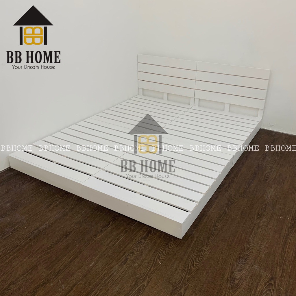 Giường sơn trắng 12cm kiểu pallet ốp viền kín chân BBHOME (gỗ thông)