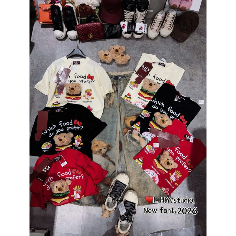 Áo phông cộc tay dáng rộng gấu food phụ kiện nổi hàng QC chuẩn tag LHY