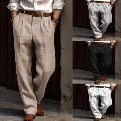 Quần nam vải lanh cotton ống thẳng màu trơn, phù hợp cho những ngày thường và kỳ nghỉ
