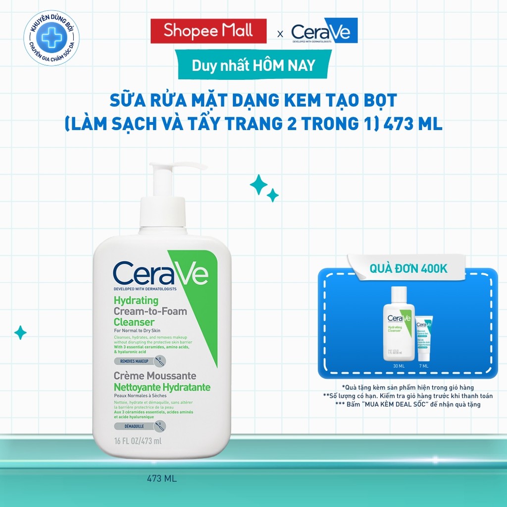 Sữa rửa mặt dạng kem tạo bọt (làm sạch và tẩy trang 2 trong 1) Hydrating Cream-to-Foam Cleanser 473ml