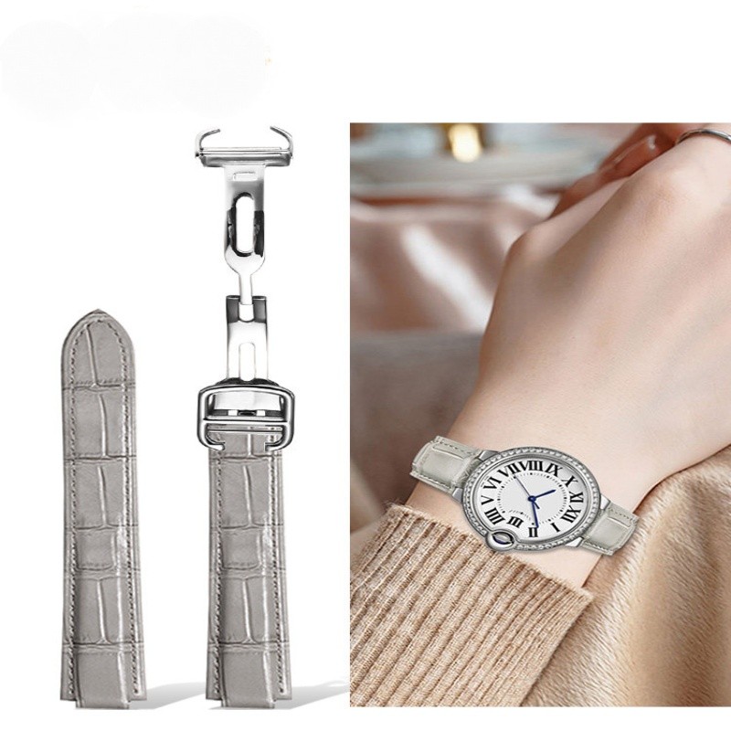 Thích hợp cho Cartier Dây đeo bóng bay màu xanh da thật màu xám Khóa gấp nguyên bản Vòng tay nam nữ