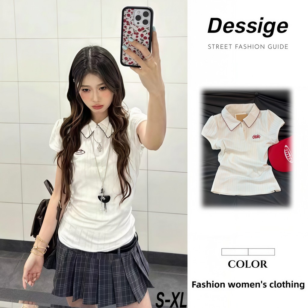 Áo Polo Tay Ngắn Áo baby tee Thun ôm body y2k Mùa Hè Cổ Slim-Fit Phong Phù Hợp Cho