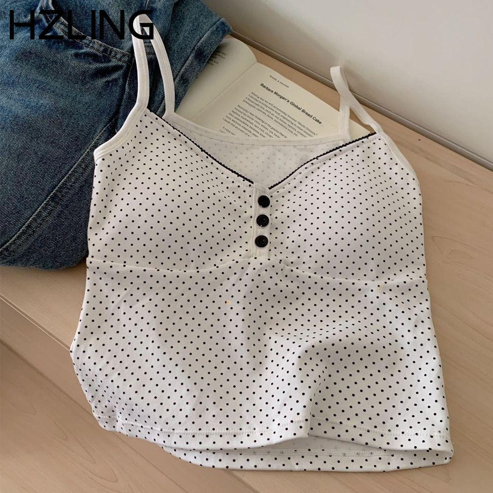Áo tăng mùa hè HZLING, cổ chữ V có viền ren Áo sơ mi hàng đầu, Áo sơ mi màu đỏ Preppy Dot Pattern St