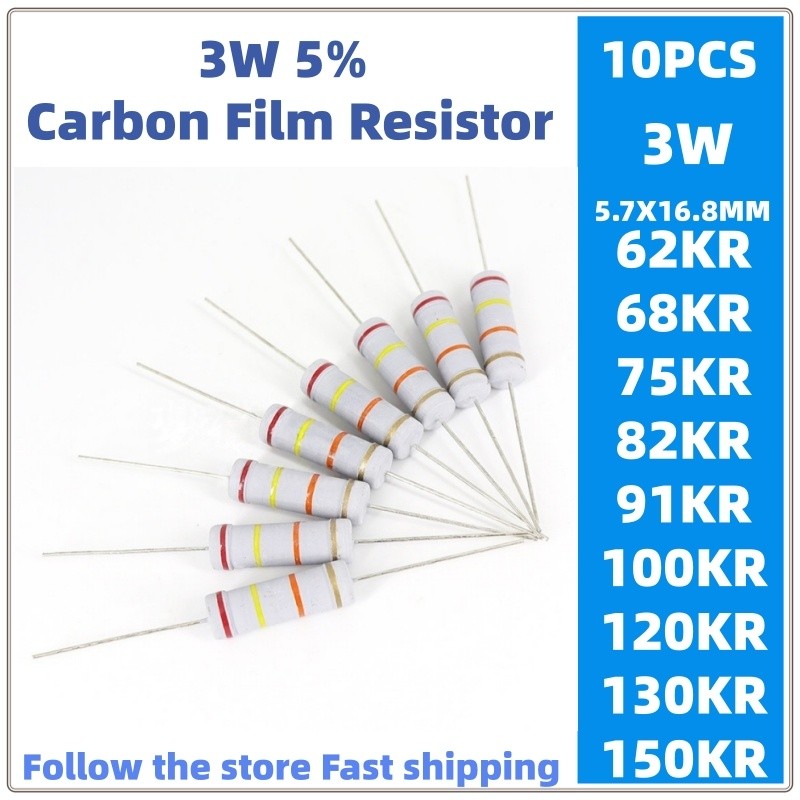 10 Chiếc 3w Phim carbon Điện Trở 5% 62KR 68KR 75KR 82KR 91KR 100KR 120KR 130KR150KR