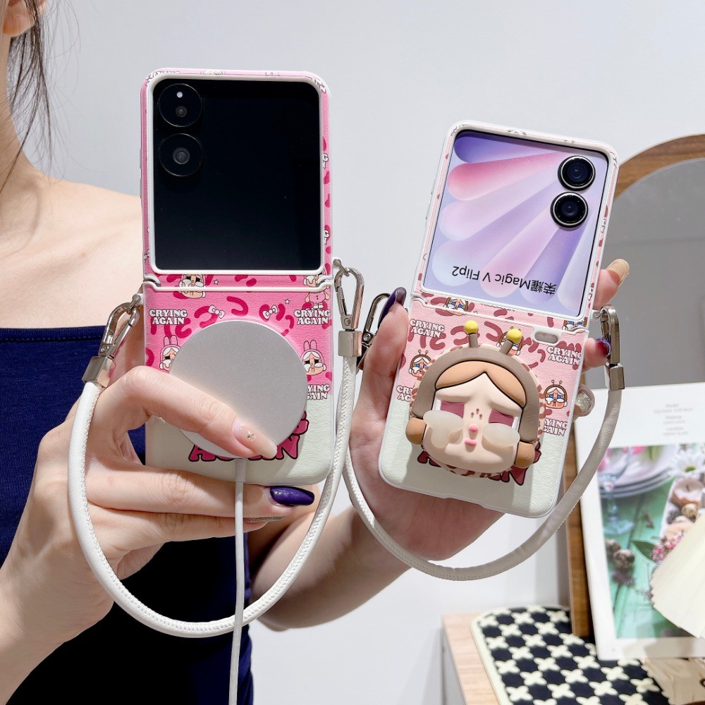 Ốp Lưng Cho Xiaomi Mix Flip 2 Ốp Lưng Da Báo Crybaby Chân Đế Thu Hút Từ Tính Dây Đeo Tay Dây PC Cứng