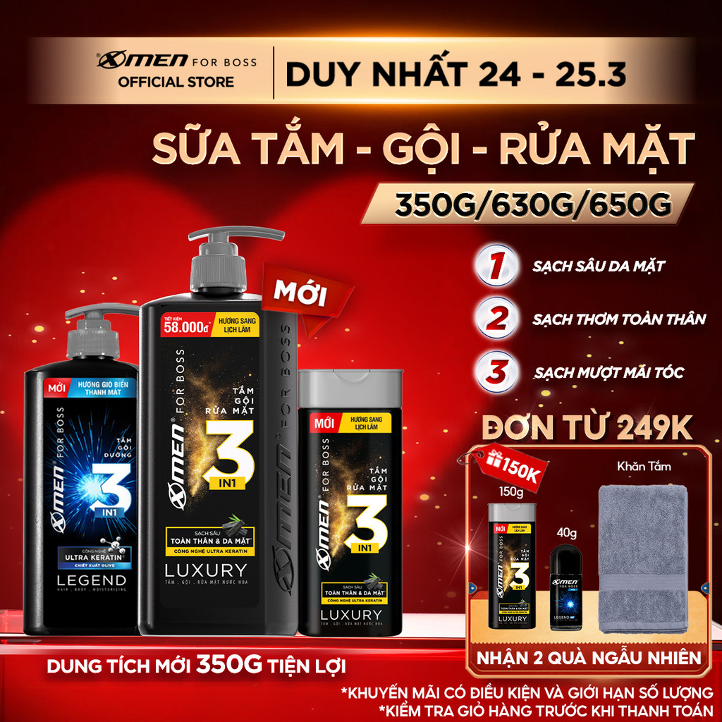 [Mới] Tắm Gội Rửa Mặt XMen for Boss 3in1 Luxury 630g 350g / Tắm Gội Legend 630g / Intense 650g Hương Nước Hoa Châu Âu
