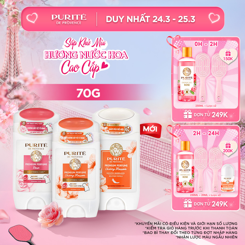 [MỚI] Sáp Khử Mùi Purité Hương Nước Hoa Cao Cấp Dưỡng Sáng Hoa Anh Đào / Hoa Hồng 70G (Sáp Hồng / Sáp Trắng)