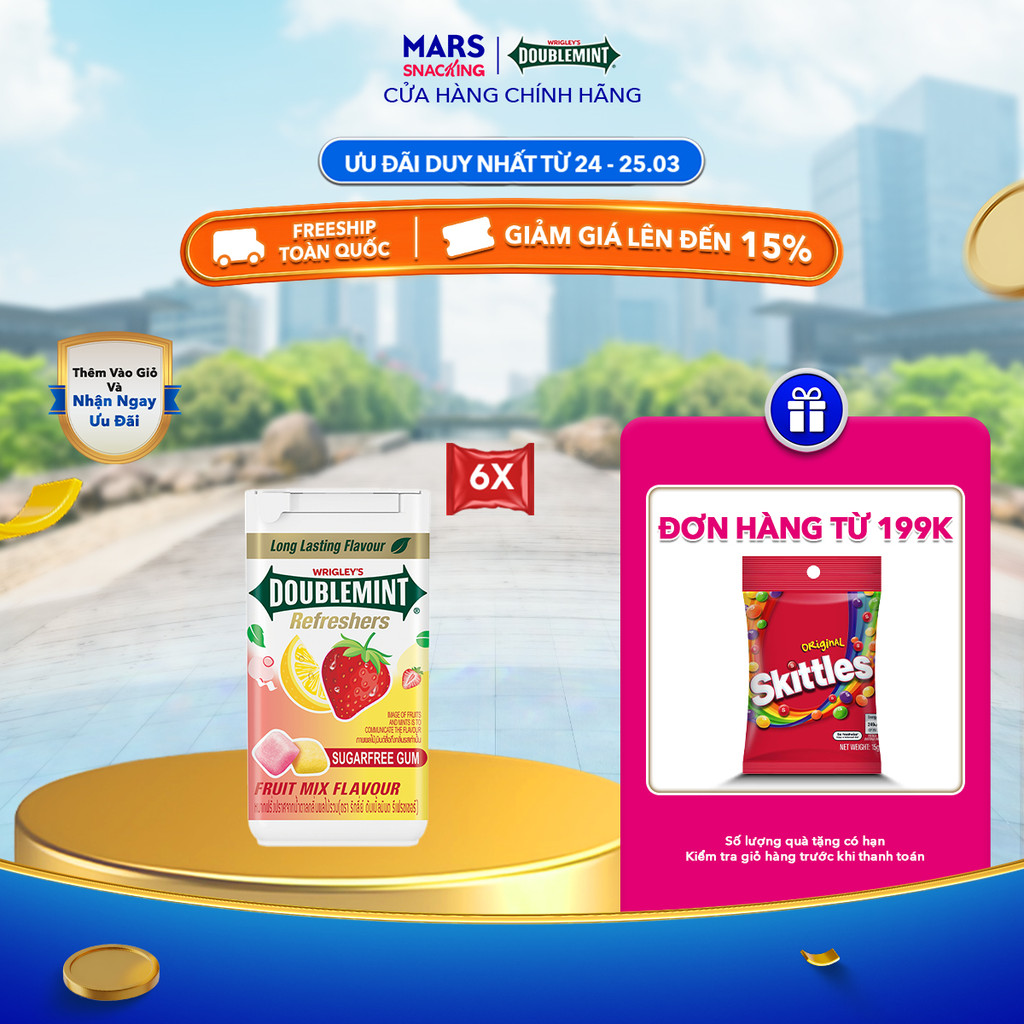 Combo 6 Kẹo sing-gum không đường Doublemint Refreshers hương trái cây hũ 40g (6 hũ x 40g)
