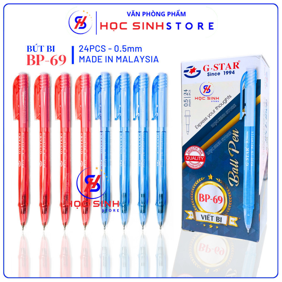 Hộp 24 Cây Bút Bi 0.5mm G-Star BP69 (Mực Xanh/Đỏ) Sản Xuất Tại Malaysia, Viết êm, Mực Đều, Mau Khô -