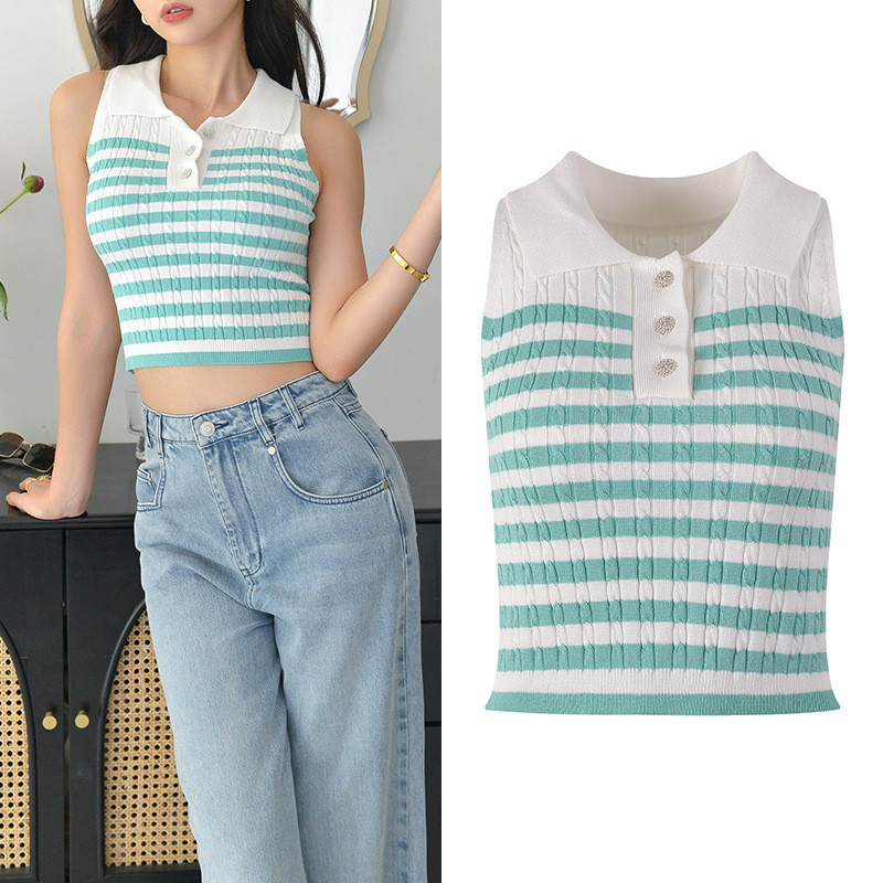 NY3F New Summer Women's College Fashion POLO Collared green striped sleeveless cropped tank top