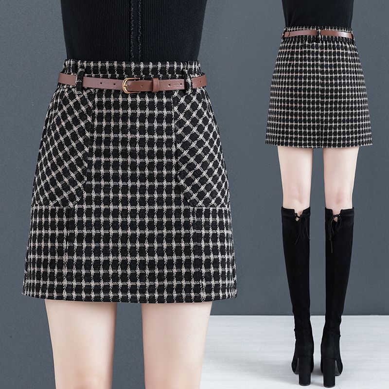 V7GE Thickened plaid skirt for women, autumn and winter elegant short skirt, new high-waisted slimmi