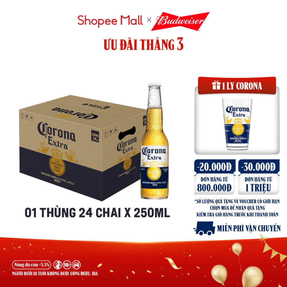 [ĐỘC QUYỀN LIVESTREAM] Bia Corona Extra nhập khẩu thùng 24 chai (250ml/chai)
