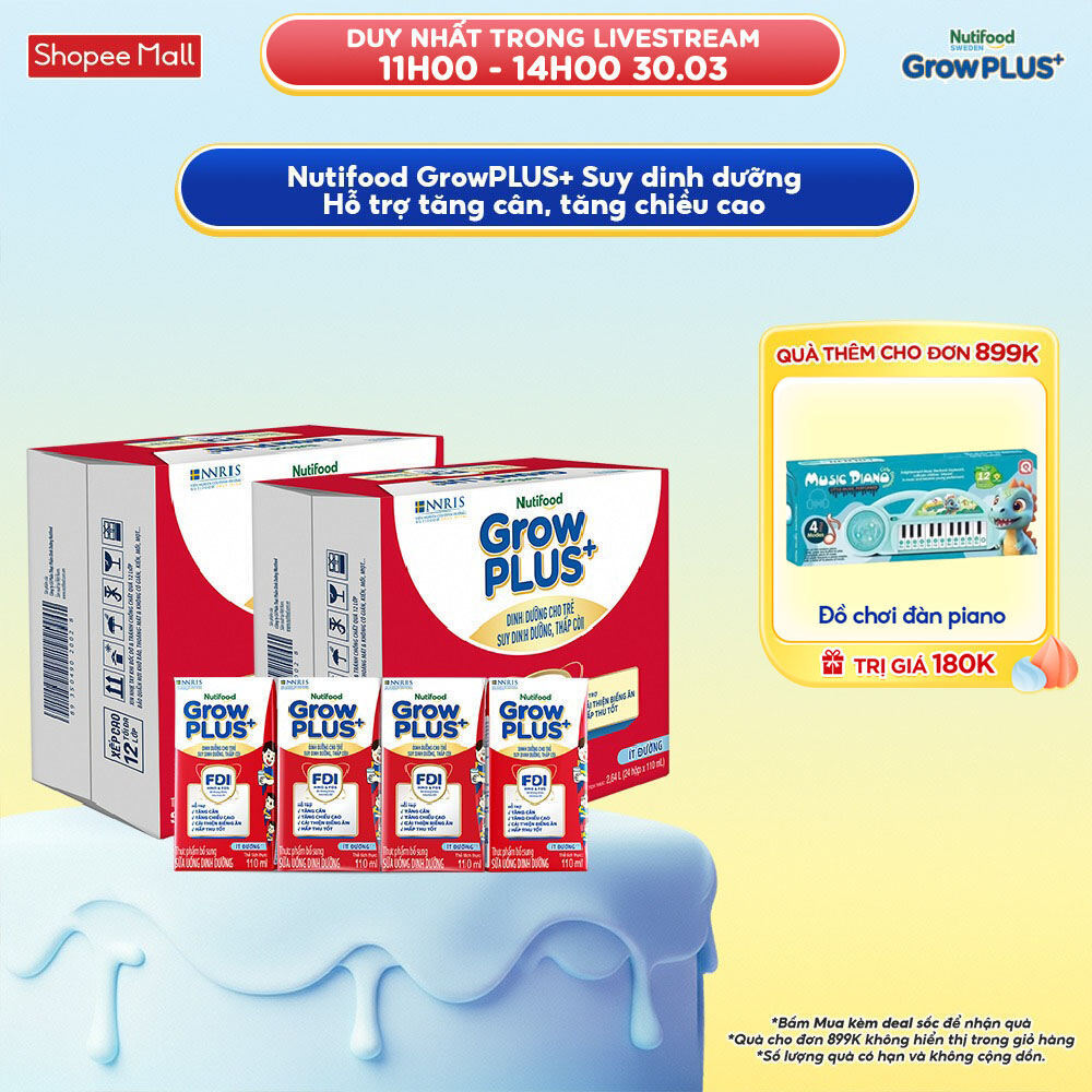 Thùng SBPS Nutifood GrowPLUS+ ít đường Suy Dinh Dưỡng - Trên 1 Tuổi -  (48 Hộp x 110ml) (Bao bì tùy 