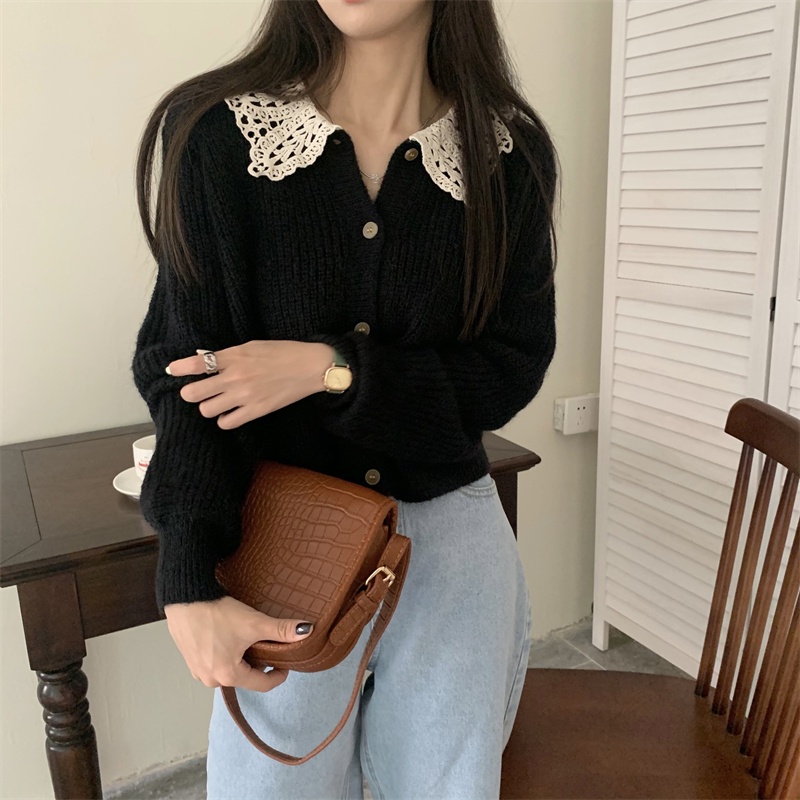 Áo Khoác Cardigan Len Dệt Kim Cổ Ren Dáng Rộng Màu Đen Thời Trang Thu Đông Phong Cách Hàn Quốc 5675