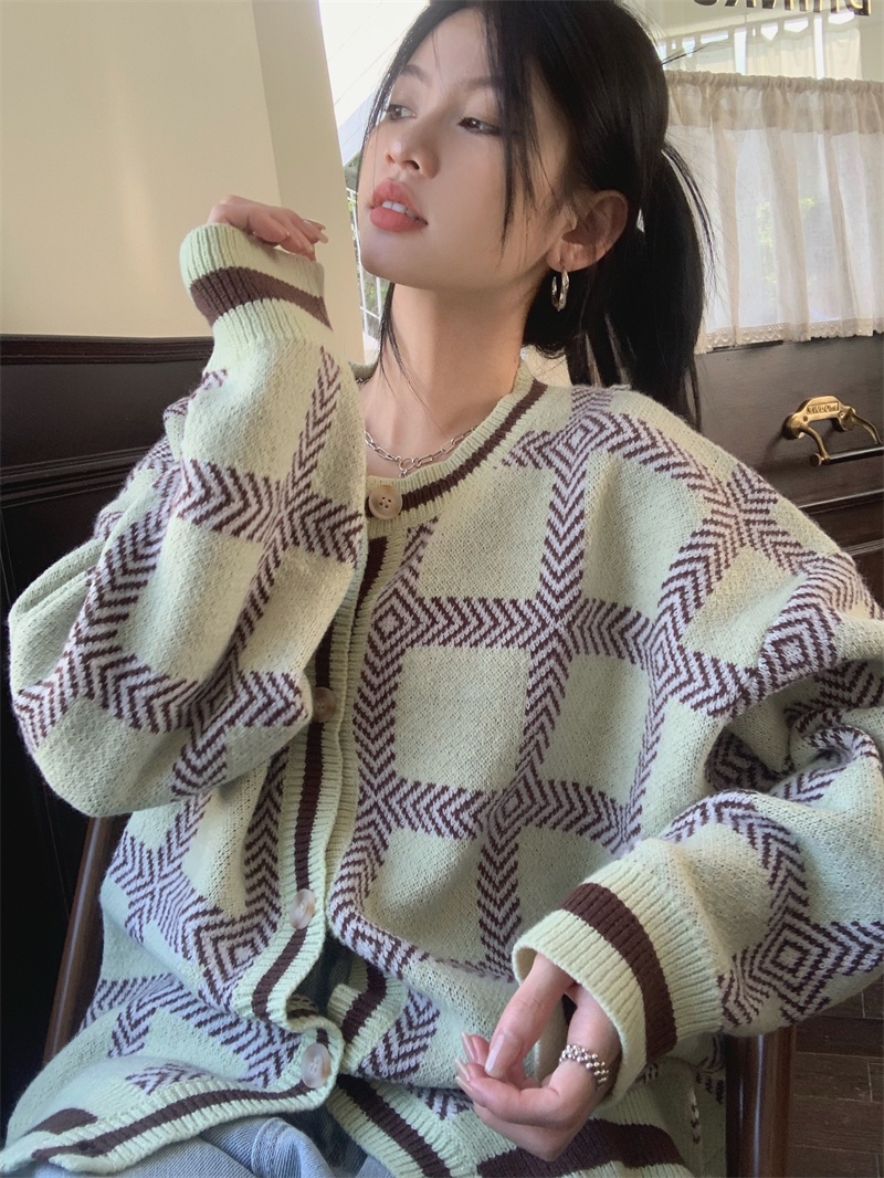 Áo Khoác Cardigan Sọc Ca Rô Dáng Rộng Màu Sắc Tương Phản Thời Trang 56901