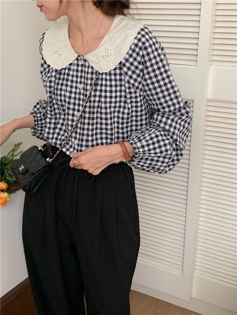 Áo Sơ Mi Tay Dài Cổ Ren Thêu Họa Tiết Dễ Thương 57370