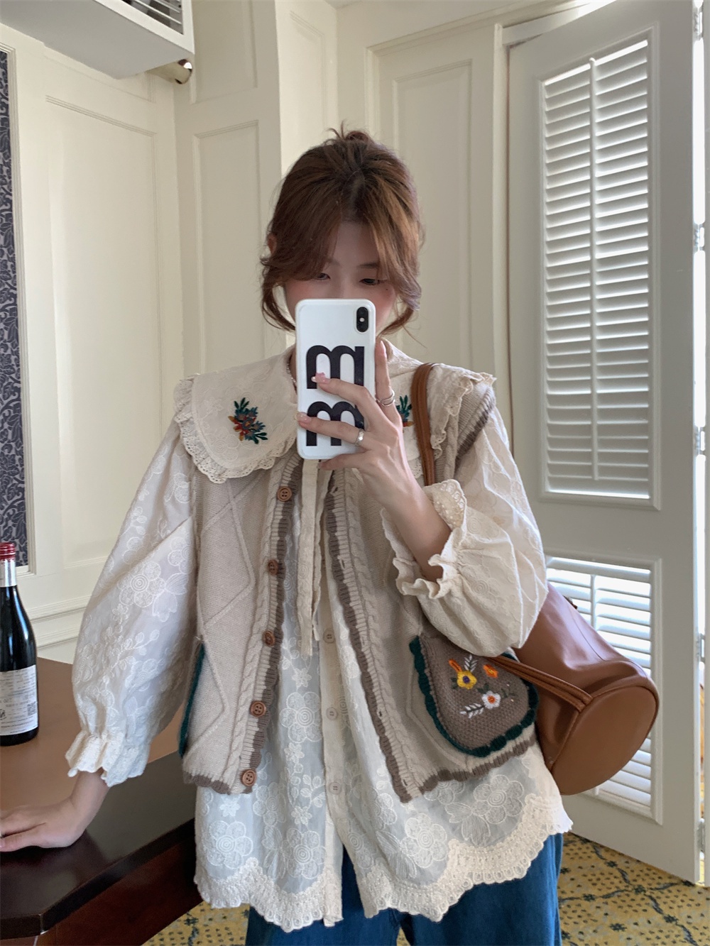 Áo Vest / Áo Sơ Mi Dài Tay Cổ Búp Bê Thêu Họa Tiết 56914