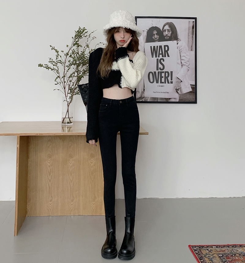 Quần Denim Lót Lông Cừu Dày Dặn Co Giãn Phong Cách Retro 58188