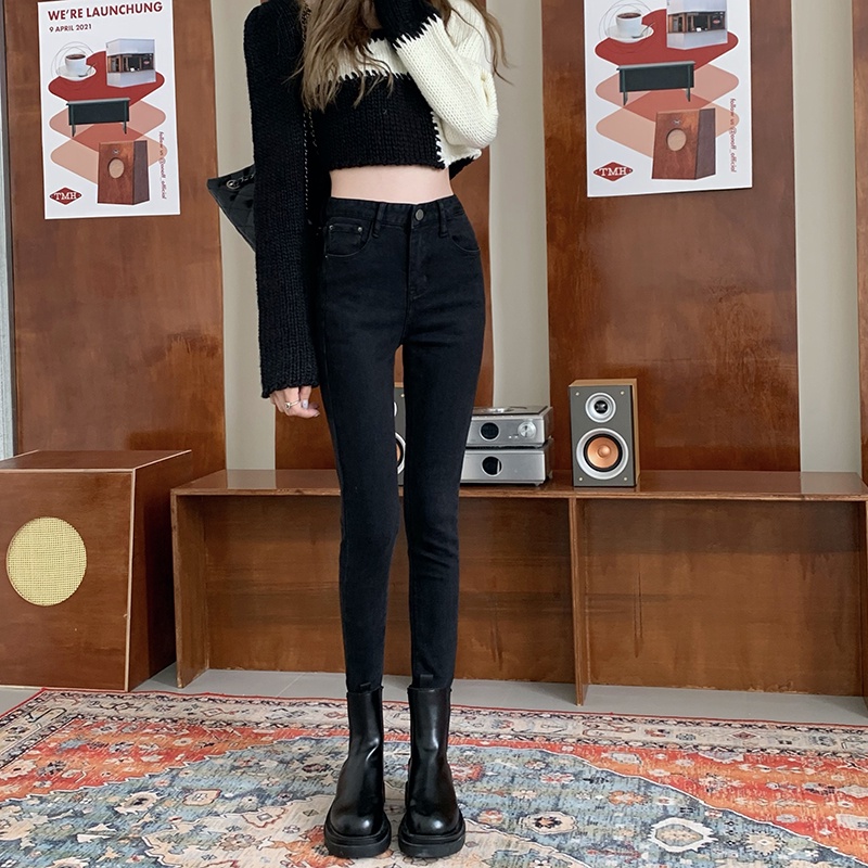 Quần Denim Lót Lông Cừu Dày Dặn Co Giãn Phong Cách Retro 58188