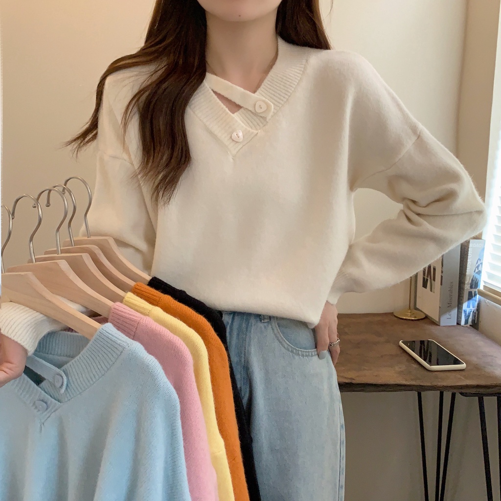 Áo Sweater Dệt Kim Cổ Chữ V Dài Tay Dáng Rộng Phong Cách Hàn Quốc Thời Trang Thu Đông 58417