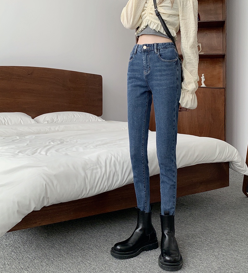 Quần Denim Lót Lông Cừu Dày Dặn Co Giãn Phong Cách Retro 58188